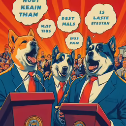 two dogs with captions are at a rally