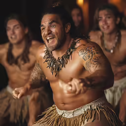 a man in a grass skirt is making faces and is wearing no shirt
