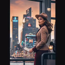 a woman in business clothes standing in front of city
