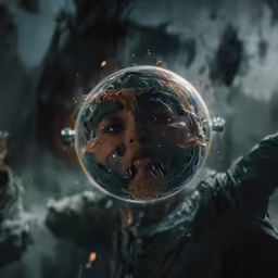 the person is looking at an image inside of a glass ball