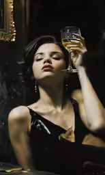 a woman holding a wine glass by a mirror