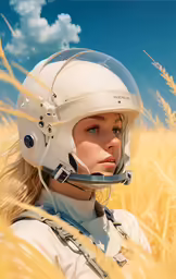 young woman in helmet sitting in wheat field
