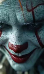a white clown with dark eyes and red markings