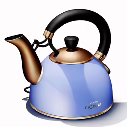 a blue and gold tea kettle on white background