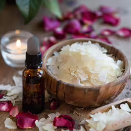 small bottle of essential oil next to flowers and petals,some flowers and a bottle on top of a table