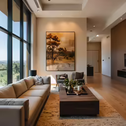 living room filled with furniture and large windows