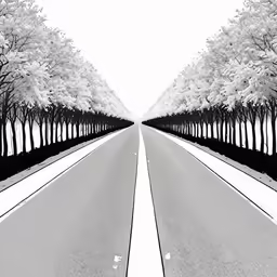 black and white photograph of two trees on an empty street