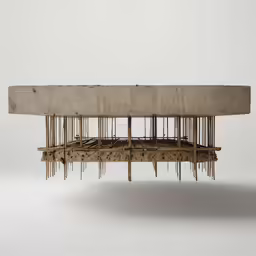 a wooden table sitting on top of a gray floor