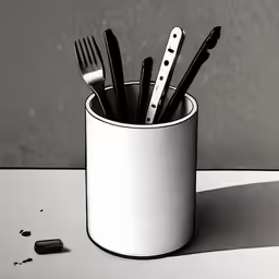 black and white photograph of utensils in a cup