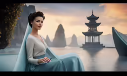 the princess and the hunts official character is sitting in a chair by water