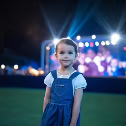 a little girl at a concert wearing a blue dress