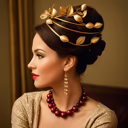 a woman with golden leaves on her head