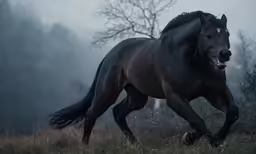 a horse running in the grass and trees