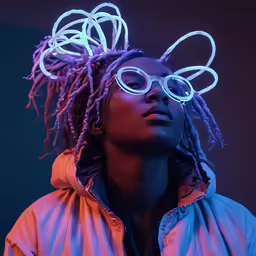 woman wearing neon light glasses and dreadlocks standing in front of a dark background