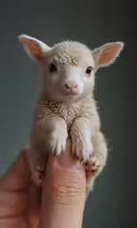 the small lamb is standing on top of the hand