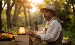 a man in brown vest lighting up a lantern