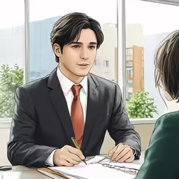an animated image of a man in suit signing paperwork with a woman looking on