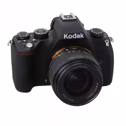 a black camera with a nik -dak lens and its case