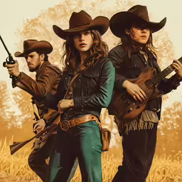 three actors with guns and western clothing are standing in a field
