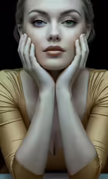 a woman is looking down, wearing gold dress and has hands on her chest