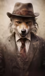 a close up of a person wearing a suit and hat