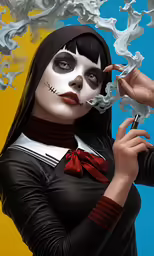 a woman in a creepy costume is smoking