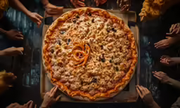 an overhead view of a huge cheese pizza with toppings