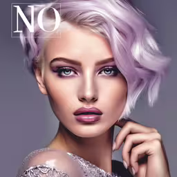 a woman with a short, blonde hair wearing makeup and posing for the magazine no,a young woman with pink hair posing for the camera