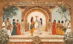 painting on wall showing woman in front of arch and other people