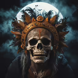 a skeleton is wearing a headdress in front of a full moon