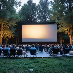 large outdoor movie screen with people in the grass at dusk