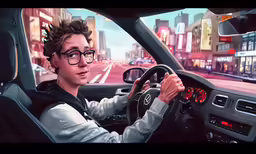 a young man is driving a car with his hand on the steering wheel