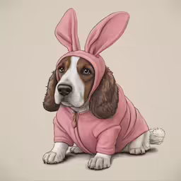 a dog wearing a pink bunny costume