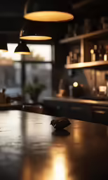 a kitchen with a counter and hanging lights