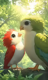 an illustration of two birds with red feathers sitting on a rock