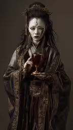 an oriental geisha girl with an offering bowl,an asian woman with white makeup and hair wearing elaborate clothes