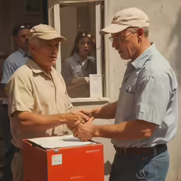 a man holding the hand of another man in front of a box