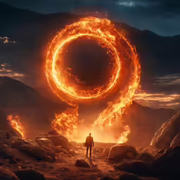 a man walks toward a giant ring of fire