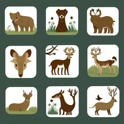 several illustrations of different animals on different colored squares,various illustrations of animals including deer, moose, rabbit and bear