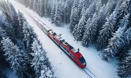 a red train driving through snow covered forest