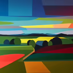 a painting with bright colors, lines and a landscape