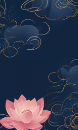 a water lily floating on a blue background with gold border