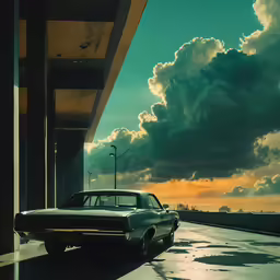 a classic car is parked on the street near an overpass