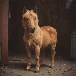 the young horse is standing on the dirt
