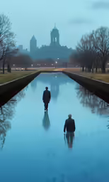two men walking in the rain, a large water ditch with reflections in it and an old building behind them