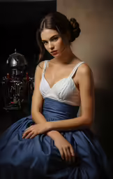 a beautiful woman wearing a blue dress sitting on a chair