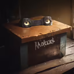 the wooden box has two small objects in it