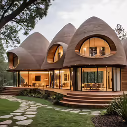 an exterior view of two unique houses with stone floors