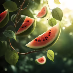 a photo of some watermelon hanging off of a tree