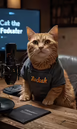 a cat sitting on top of a wooden table next to a camera
